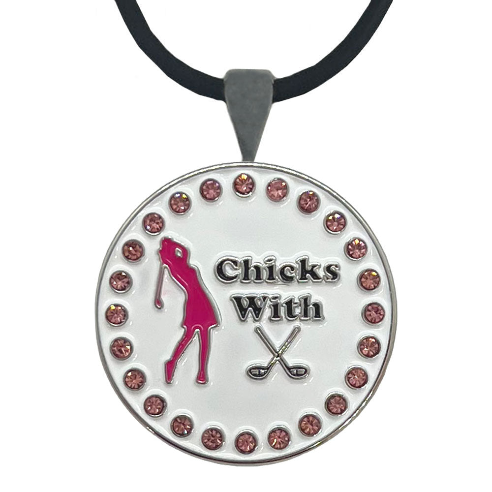 Chicks with stick bling golf ball marker on a magnetic ball marker necklace, on a white background