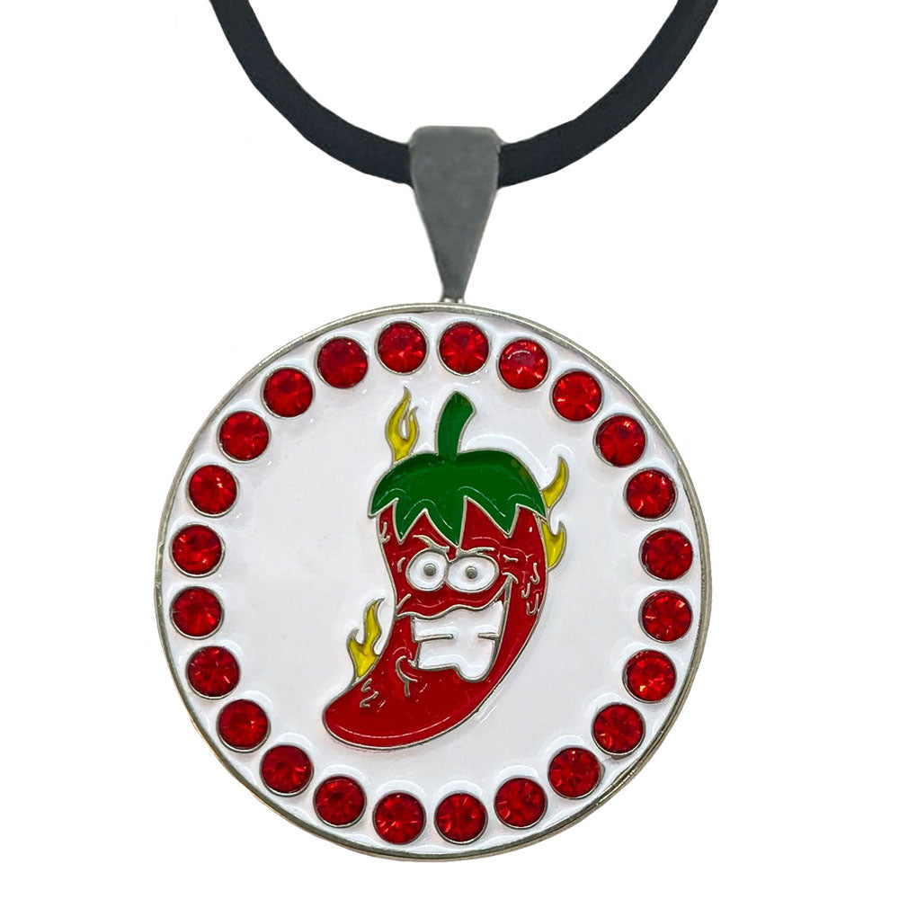 Chili pepper golf ball marker necklace. Red, white, yellow, green with crystal accents. Women golfers love this spicy design.