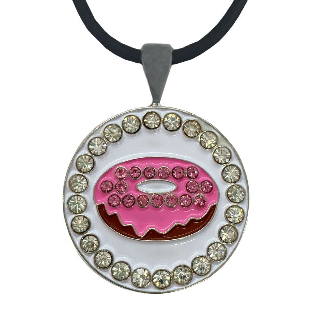 Pink frosted donut marker with crystal accents necklace. This cute and sparkly design is a favorite for women golfers.