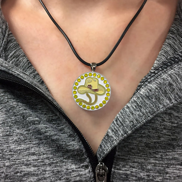 A Woman Wearing The Giggle Golf bling Cowboy Hat Ball Marker Necklace