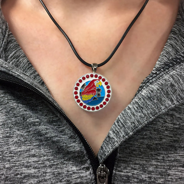 A Woman Wearing The Giggle Golf Bling Parrot Ball Marker Necklace