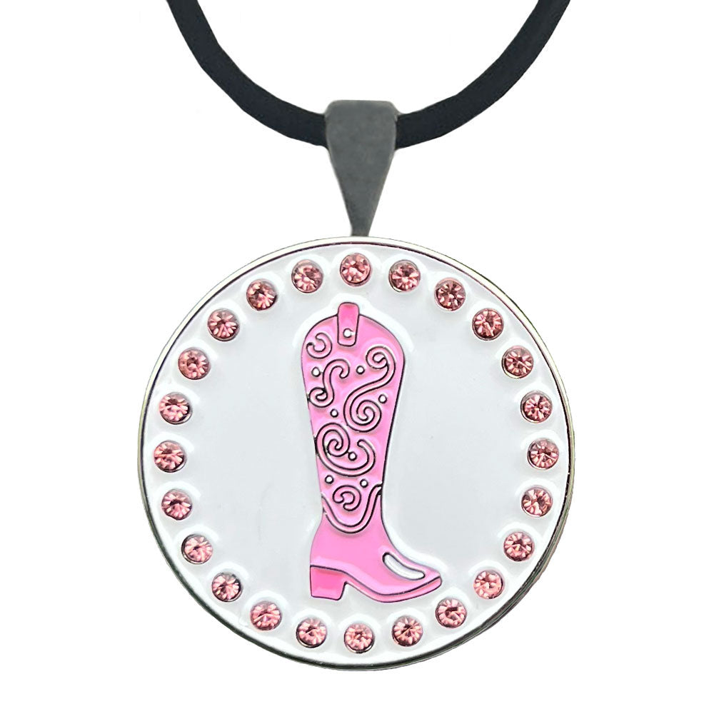 Golf ball marker necklace with a pink western boot design on a white background