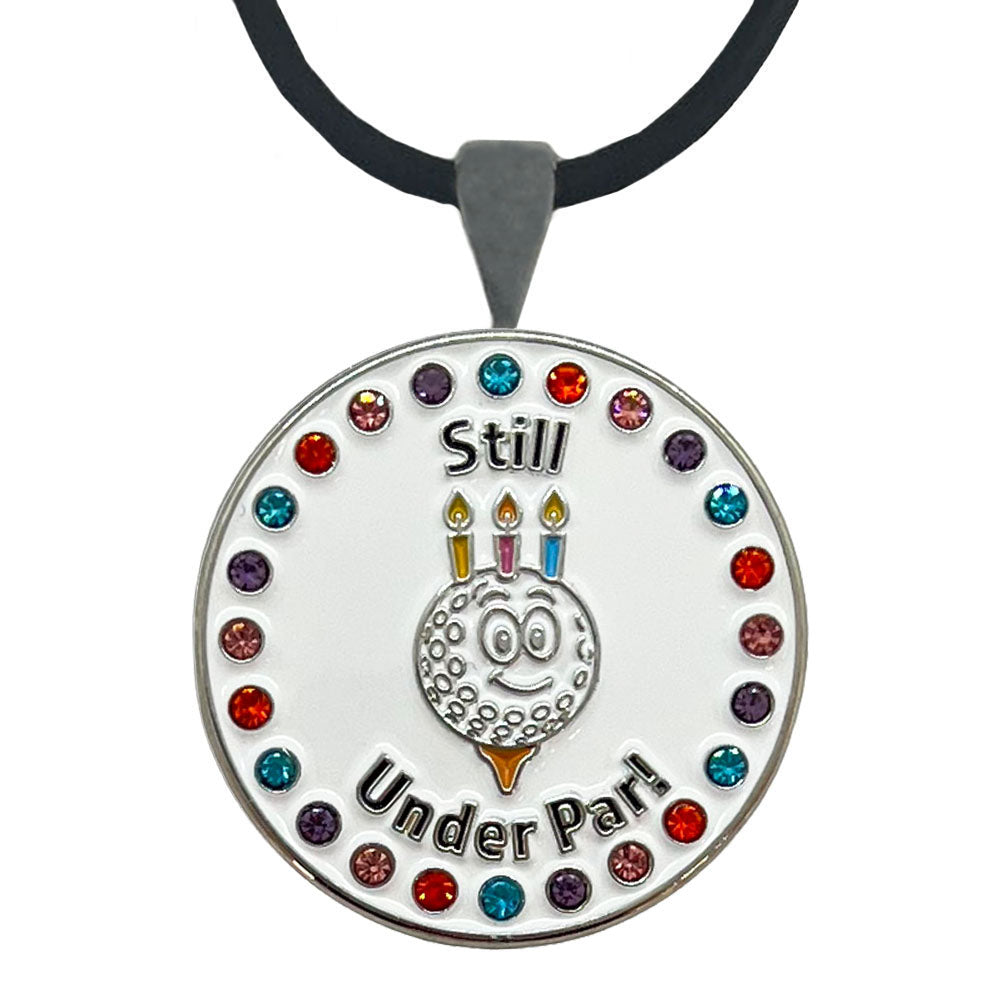 Women's golf ball marker necklace with 'Still Under Par!' text on a white back
