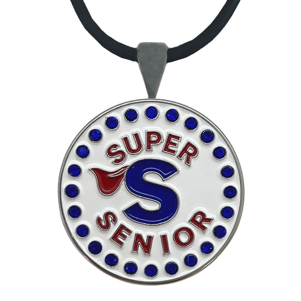Golf ball marker necklace with 'Super Senior' text on a white background