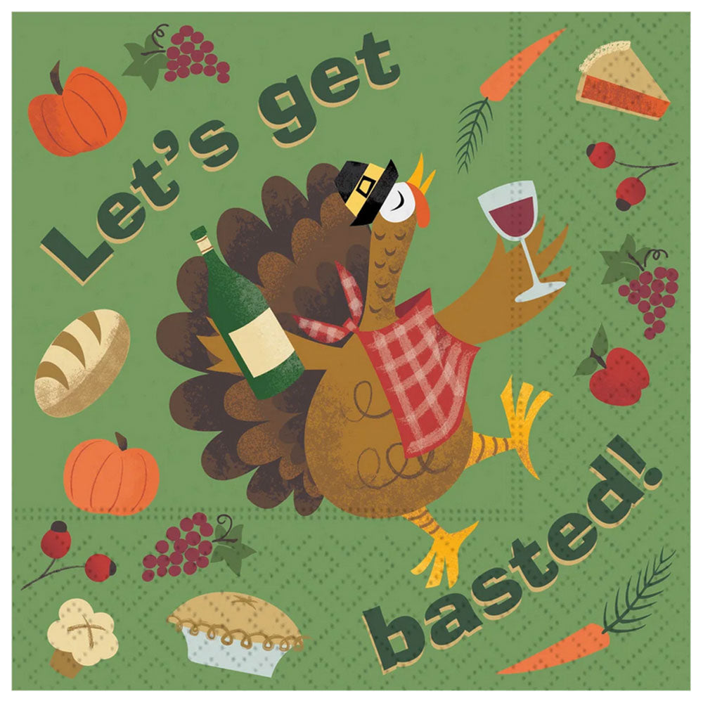 Funny “Let’s Get Basted” napkins with turkey holding wine—perfect for Thanksgiving golf parties, luncheons & hostess gifts. 