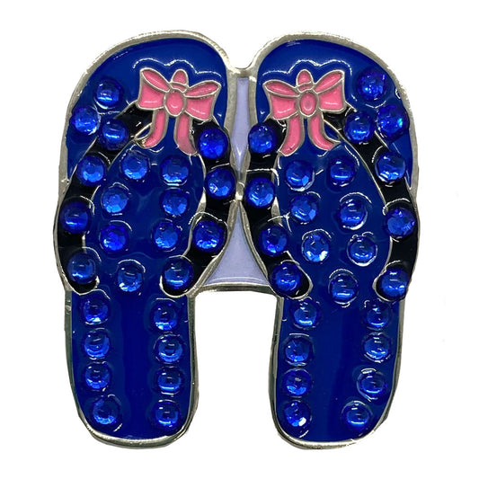 Blue flip-flop shoes with pink bows golf ball marker on a white background