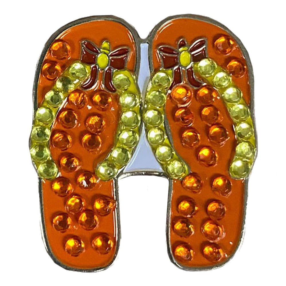 Decorative golf ball marker, flip-flop with orange and yellow rhinestones on a white background