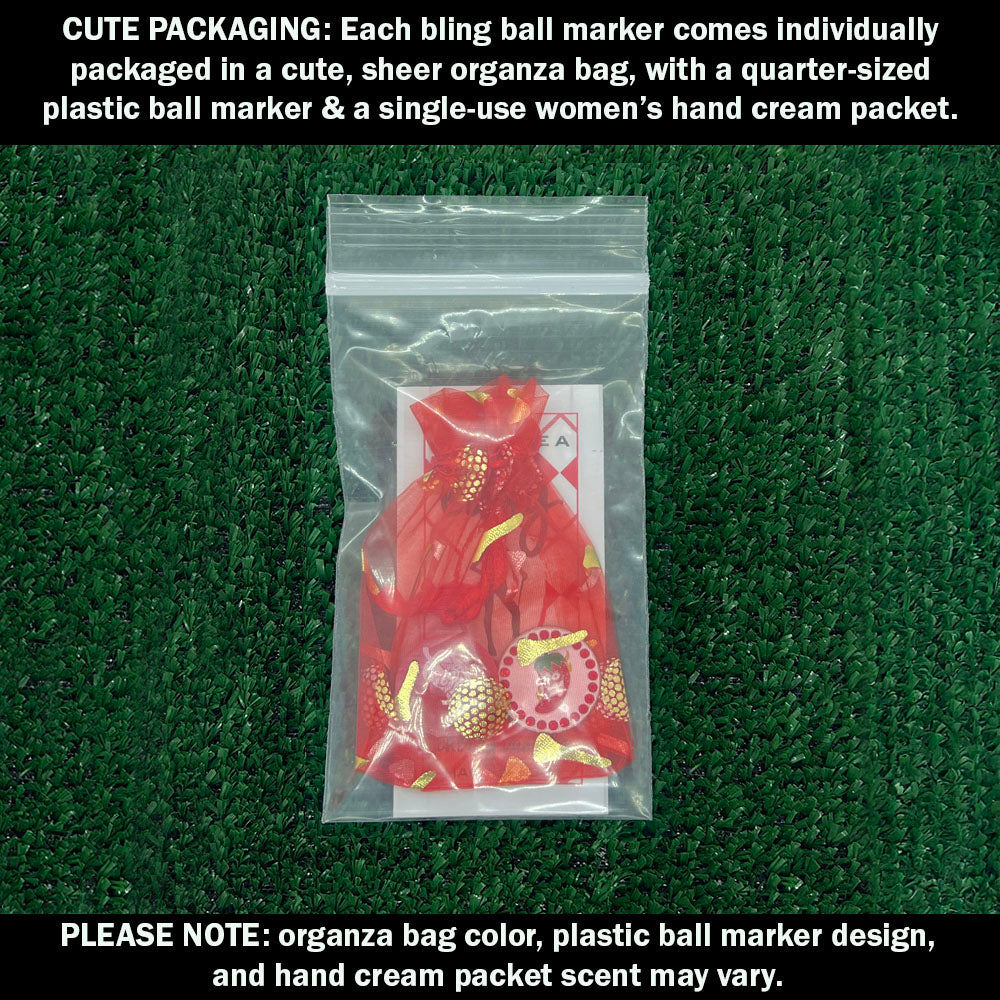 Each golf ball marker comes cutely packaged in an organza bag, with a plastic ball marker and a lady’s hand cream packet.