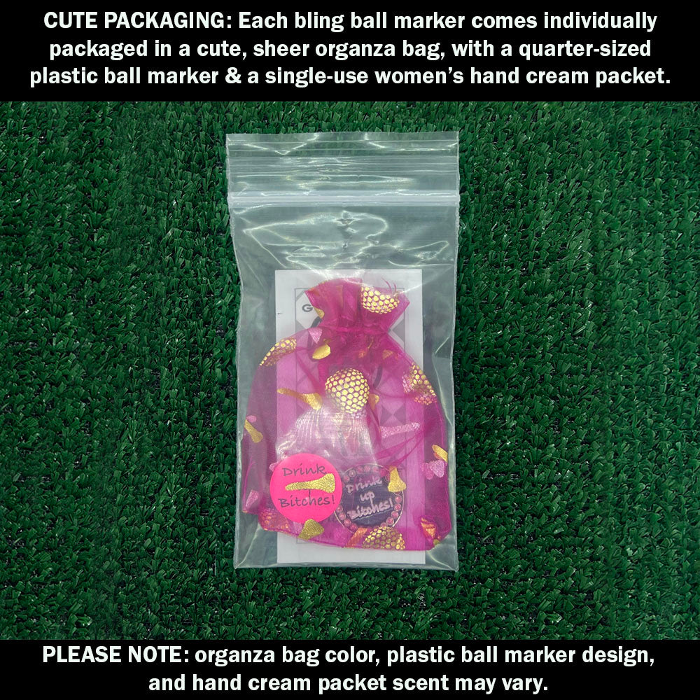 Each golf ball marker comes cutely packaged in an organza bag, with a plastic ball marker and a lady’s hand cream packet.