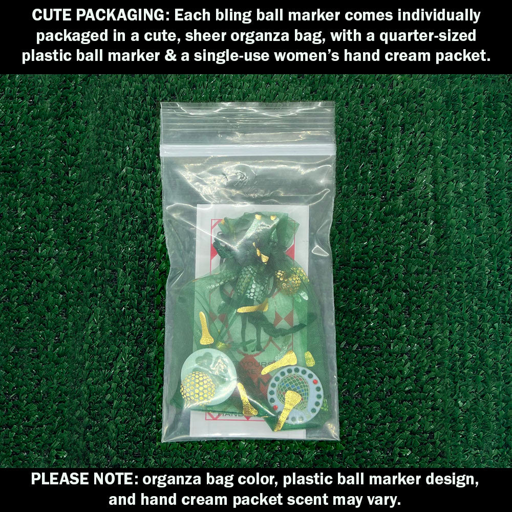 Each golf ball marker comes cutely packaged in an organza bag, with a plastic ball marker and a lady’s hand cream packet.