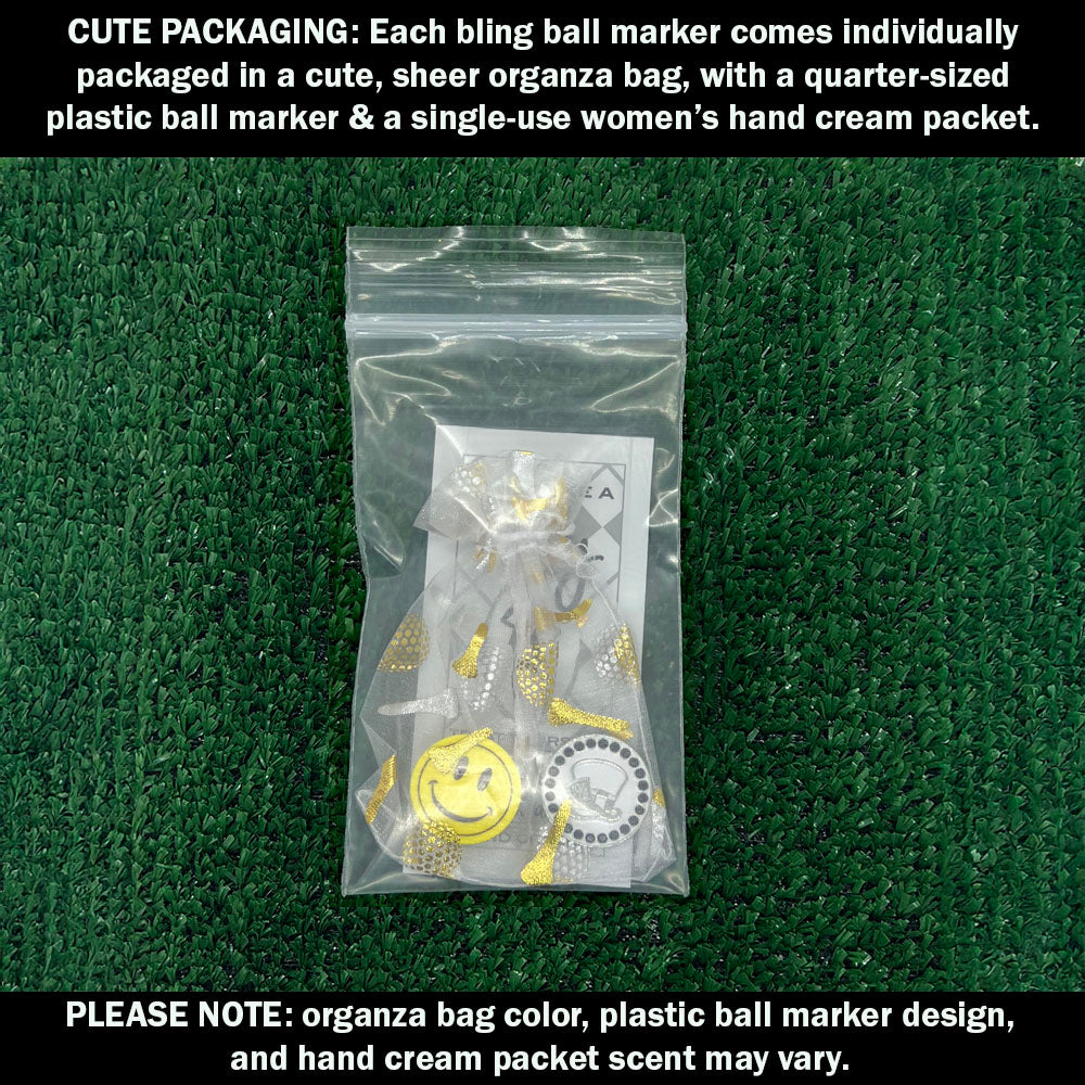 Each golf ball marker comes cutely packaged in an organza bag, with a plastic ball marker and a lady’s hand cream packet.