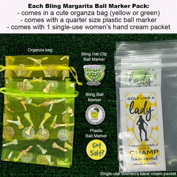 The Giggle Golf Margarita Ball Marker Pack comes cutely packaged in an organza bag, with a plastic ball marker, and a women's hand cream packet.