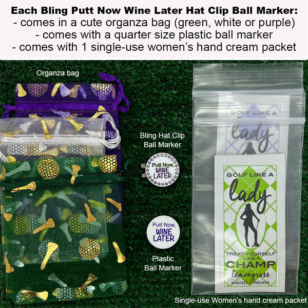 Packaging for the Giggle Golf Bling Putt Now Wine Later Ball Marker With Magnetic Hat Clip