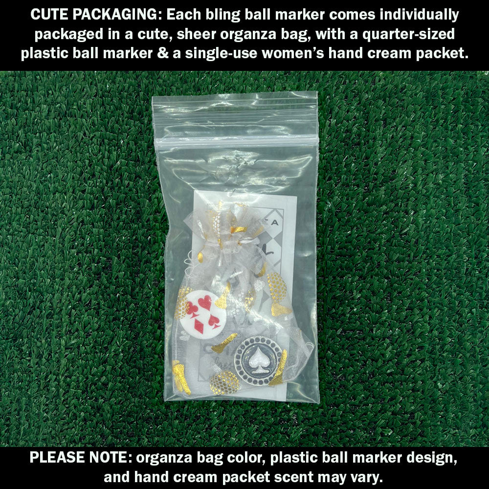 Each golf ball marker comes cutely packaged in an organza bag, with a plastic ball marker and a lady’s hand cream packet.