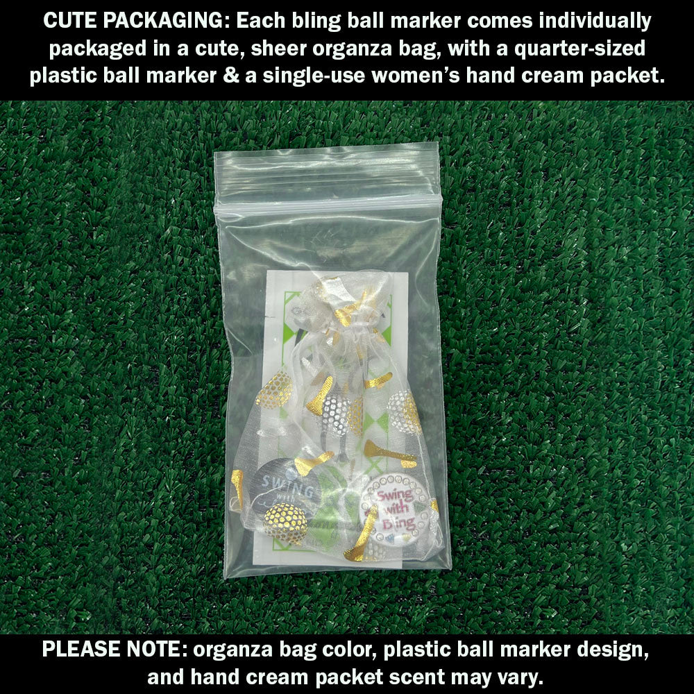 Each golf ball marker comes cutely packaged in an organza bag, with a plastic ball marker and a lady’s hand cream packet.