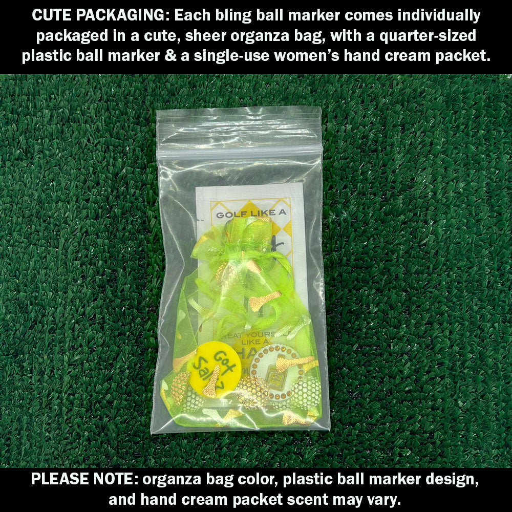 Each golf ball marker comes cutely packaged in an organza bag, with a plastic ball marker and a lady’s hand cream packet.