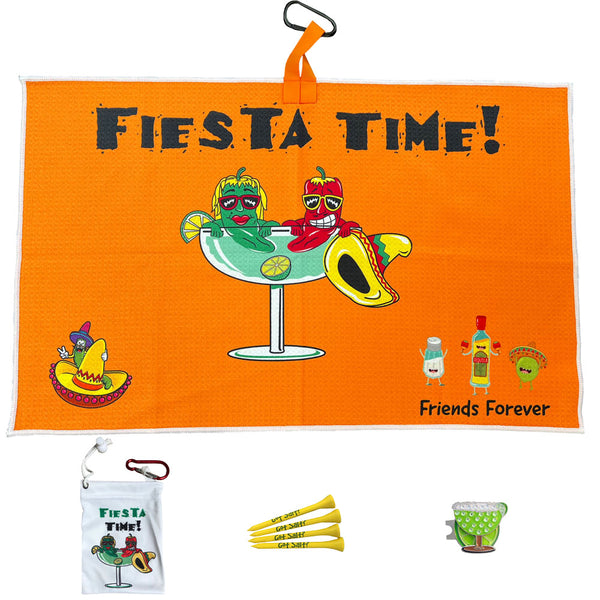 Giggle Golf Fiesta Par 3 Pack: Waffle Golf Towel, Microfiber Tee Bag with 4 Wooden Golf Tees, and 1 Bling Margarita & Lime Hat Clip Ball Marker
