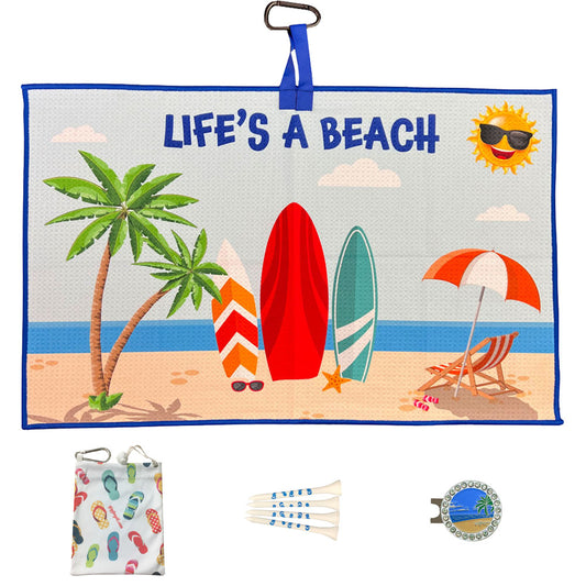 Giggle Golf Life's A Beach Waffle Par 3 Pack: Golf Towel, Tee Bag, And Bling Ball Marker On Hat Clip