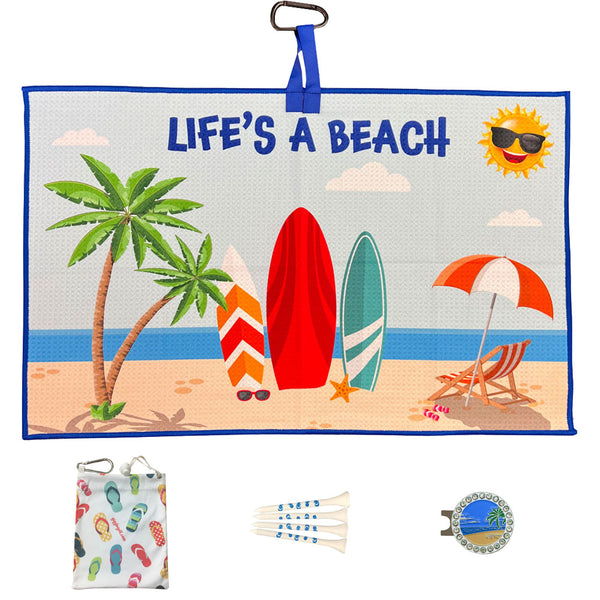 Giggle Golf Life's A Beach Waffle Par 3 Pack: Golf Towel, Tee Bag, And Bling Ball Marker On Hat Clip