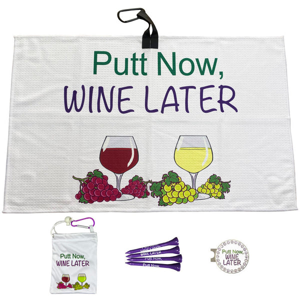 Giggle Golf Putt Now Wine Later Par 3 Pack: Golf Towel, Tee bag with 4 tees, and a bling hat clip ball marker
