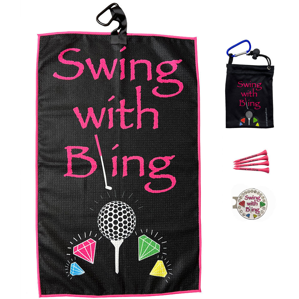 Giggle Golf Swing With Bling Par 3: Waffle golf towel, microfiber tee bag, wooden golf tees, and bling hat clip ball marker