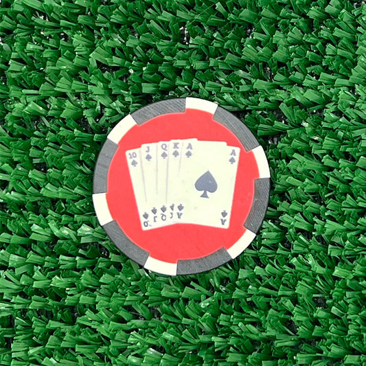 Poker chip ball marker with playing‑cards Royal Flush design