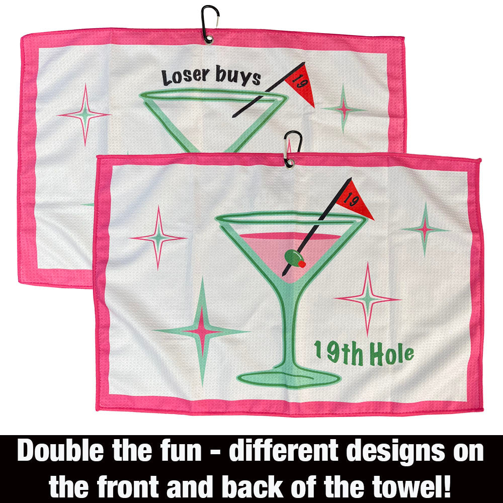 19th hole golf towel showing different front and back designs