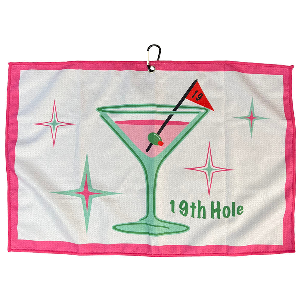Golf towel with martini glass and flag design, labeled '19th Hole', on a white background.