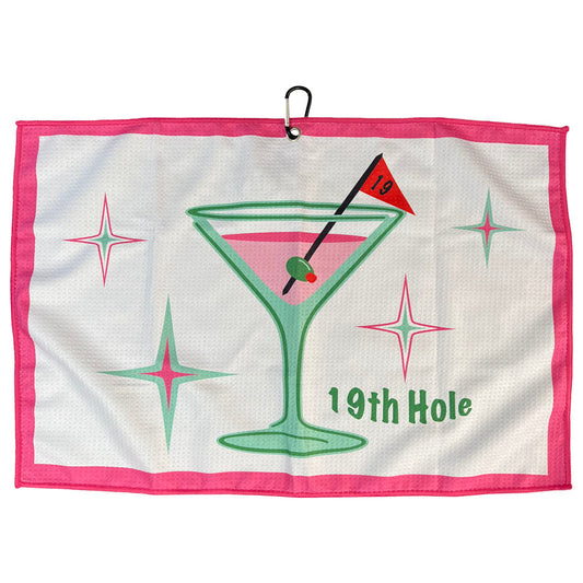 Golf towel with martini glass and flag design, labeled '19th Hole', on a white background.
