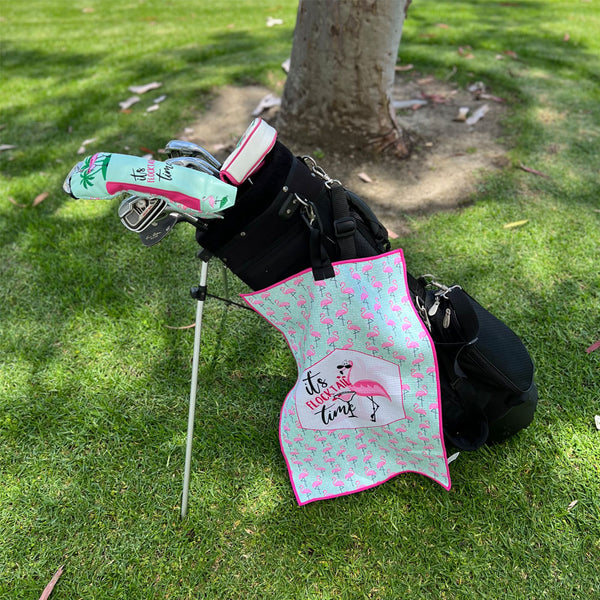 Giggle Golf Flamingo (It's Flocktail Time) Waffle Golf Towel On Golf Bag
