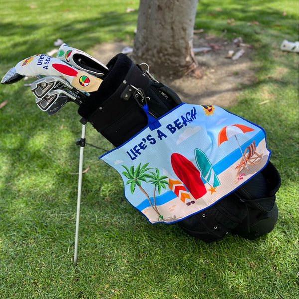 Giggle Golf Life's A Beach Waffle Golf Towel On Golf Bag