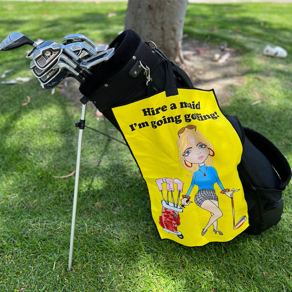 Giggle Golf Hire A Maid Waffle Towel On Black Golf Bag