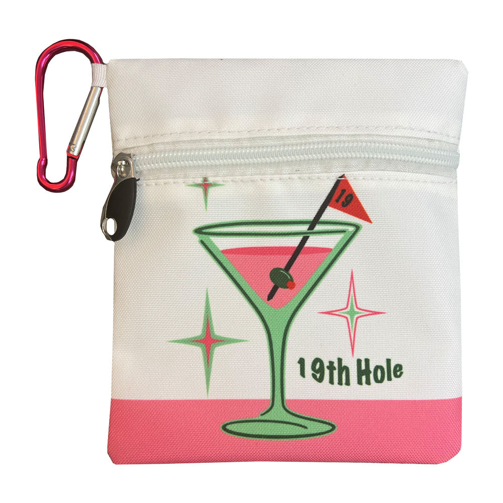 Martini-themed golf tee bag with 4 wooden tees and carabiner clip, perfect for women golfers or tournament prizes. Shop now!