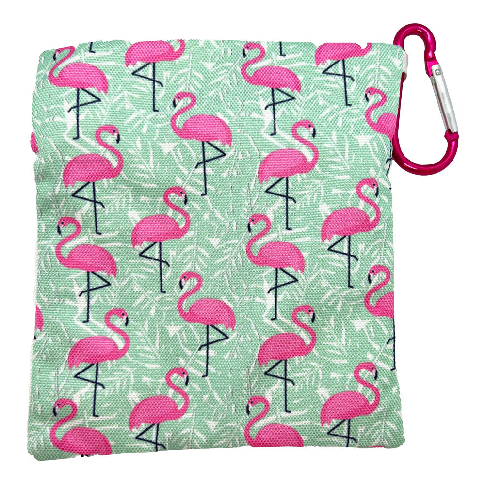 White golf tee bag, with teal palm leaves and pink flamingos on the back.