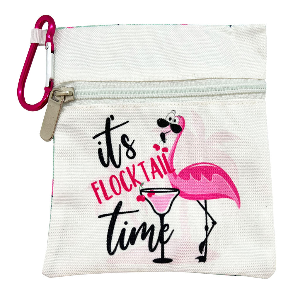 White golf tee bag, with a zipper and carabiner clip, that has a pink flamingo and text saying, 'it's flocktail time.'