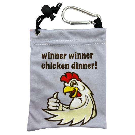 Grey golf tee bag with Winner Winner Chicken Dinner design. Tees & a clip. A perfect gift for winners. Shop now!