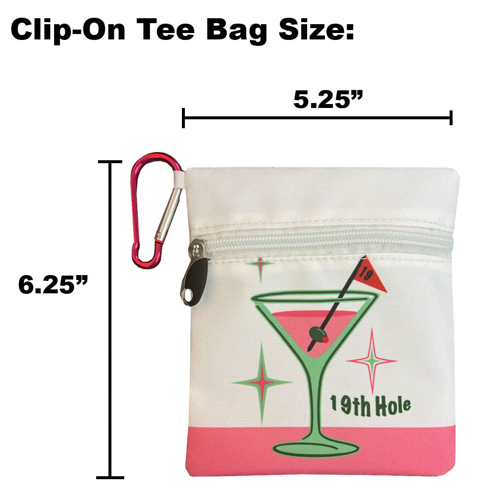 Clip-on tee bag with martini design, dimensions and a carabiner on a white background