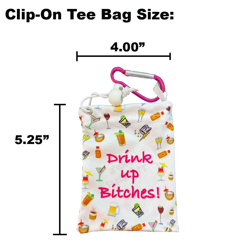 Clip-on tee bag with drink-themed design and measurements on a white background