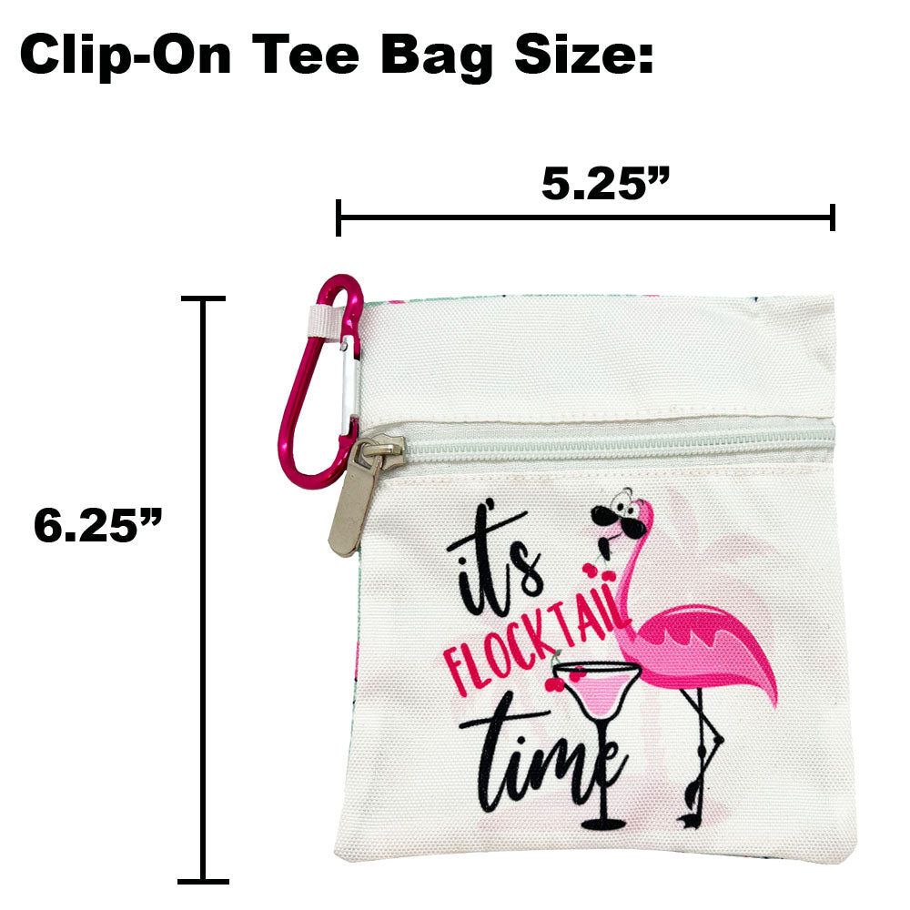Clip-on tee bag with flamingo design and measurements on a white background