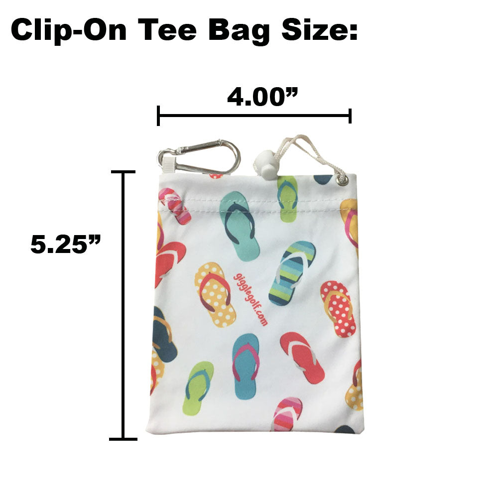 Clip-on tee bag with flip flop design and measurements on a white background