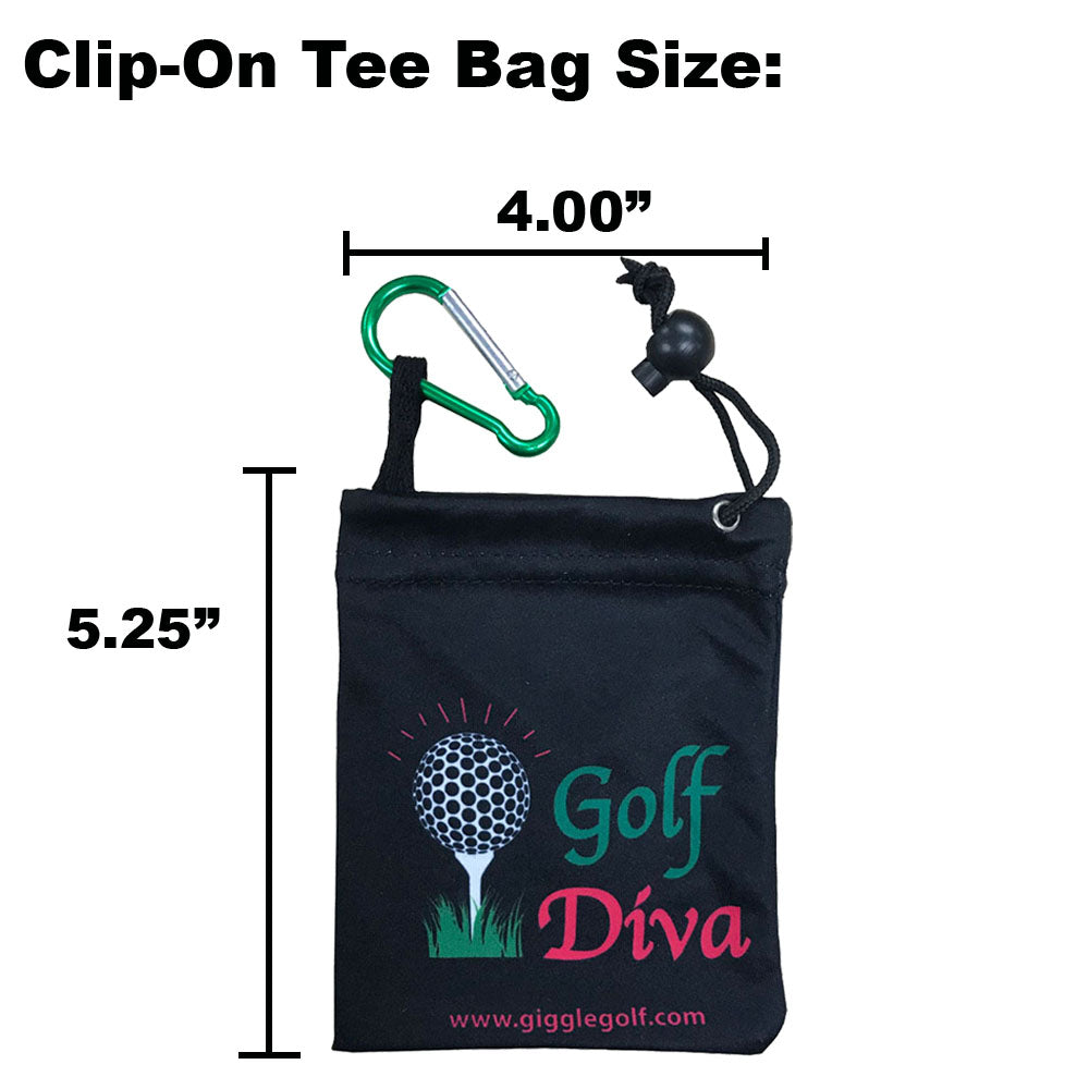 Black clip-on tee bag with 'Golf Diva' text and measurements on a white background