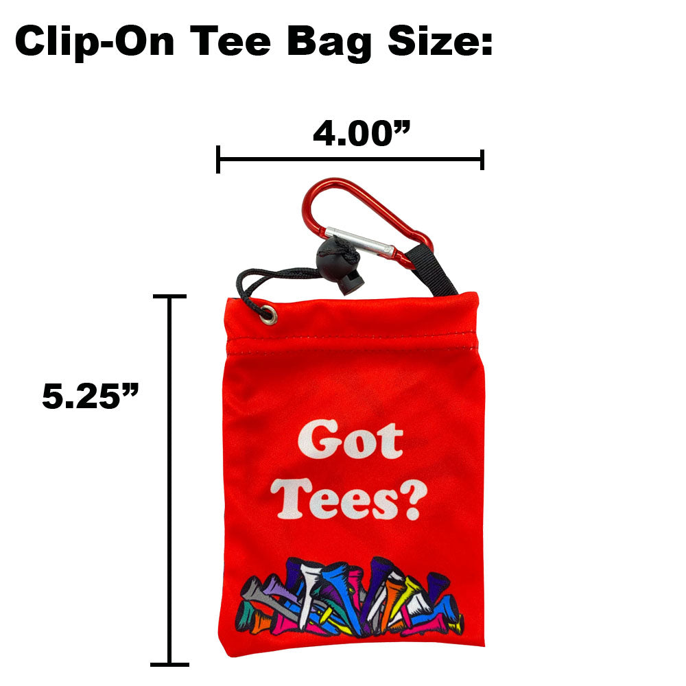 Red clip-on tee bag with 'Got Tees?' text and measurements on a white background