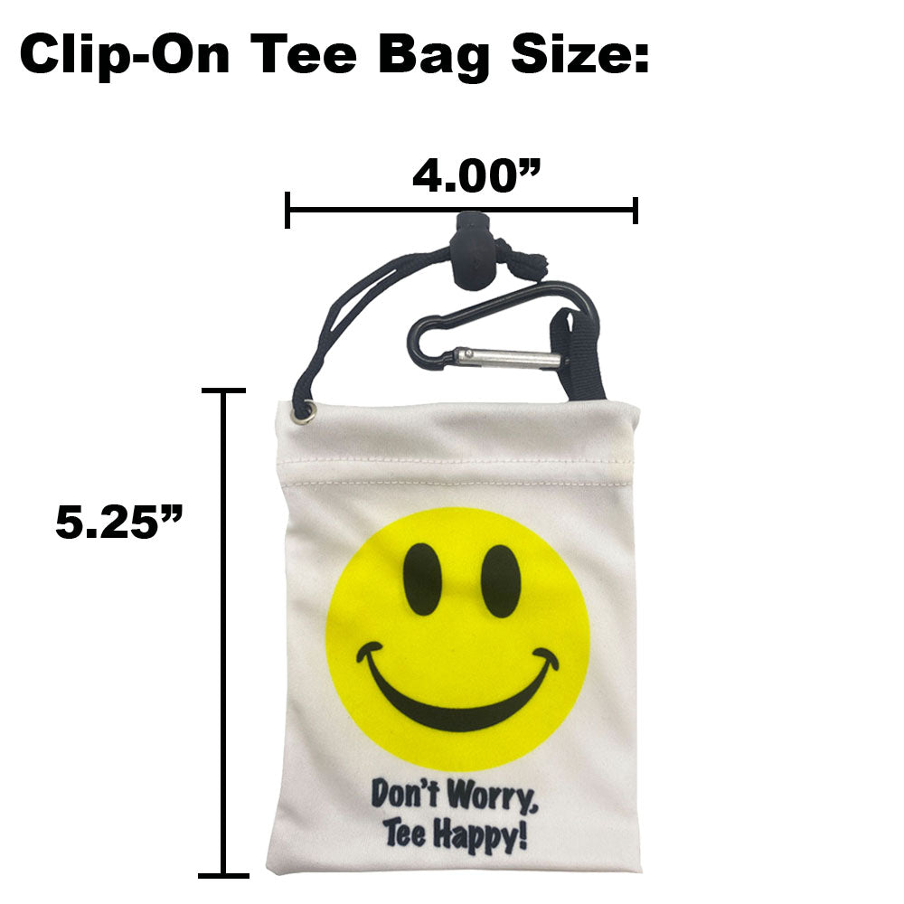Clip-on tee bag with smiley face design and dimensions on a white background