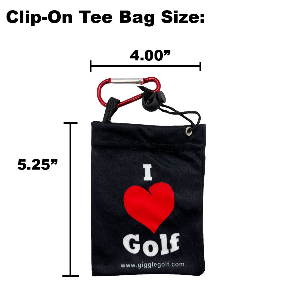 Black clip-on tee bag with 'I ❤️ Golf' text and measurements on a white background