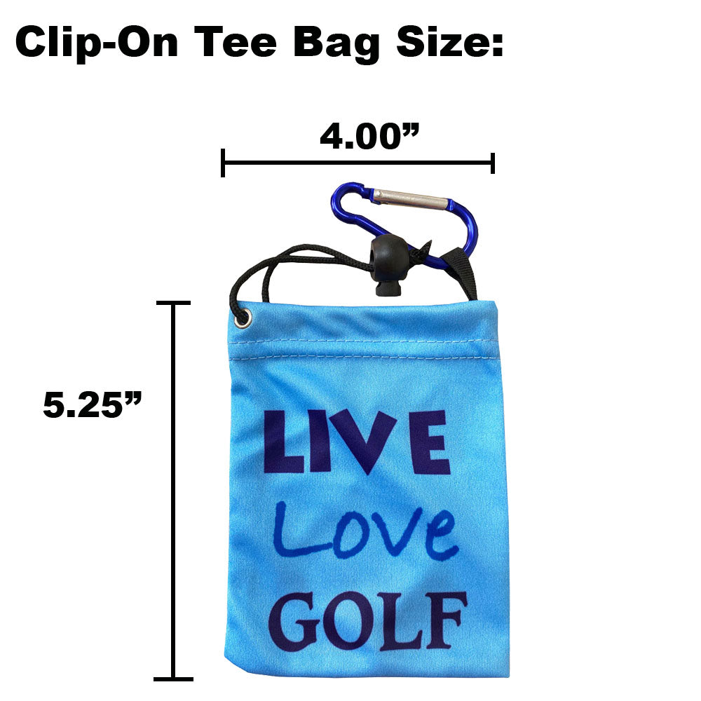 Blue clip-on tee bag with 'LIVE LOVE GOLF' text and measurements on a white background