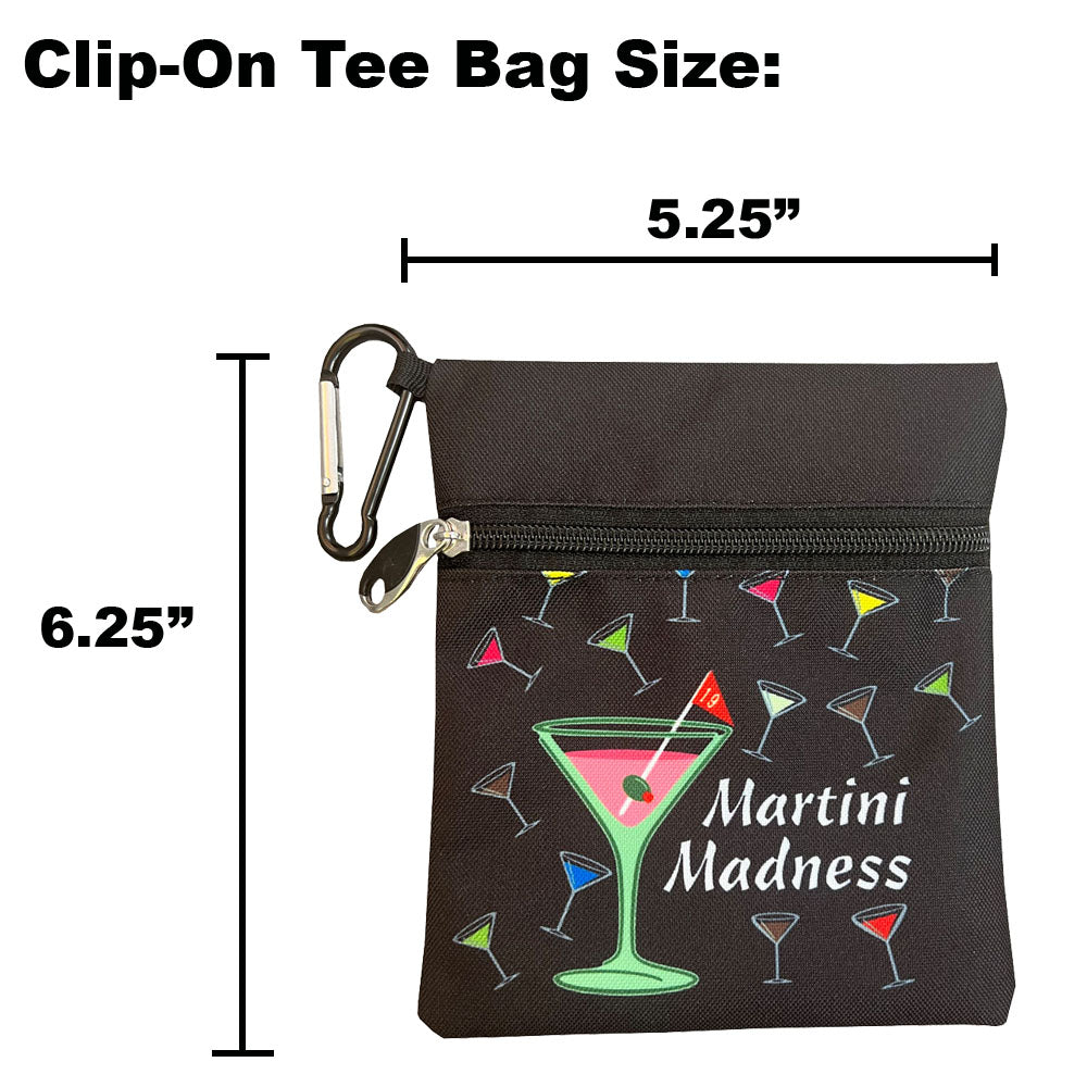 Black clip-on tee bag with 'Martini Madness' design and measurements on a white background
