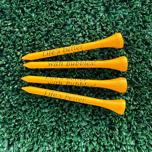 Life’s Better With Bubbles Golden Wooden Golf Tees | 2.75" Bulk Packs