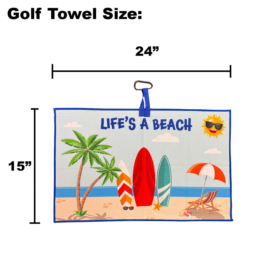 golf towel with beach-themed design on a white background with dimensions