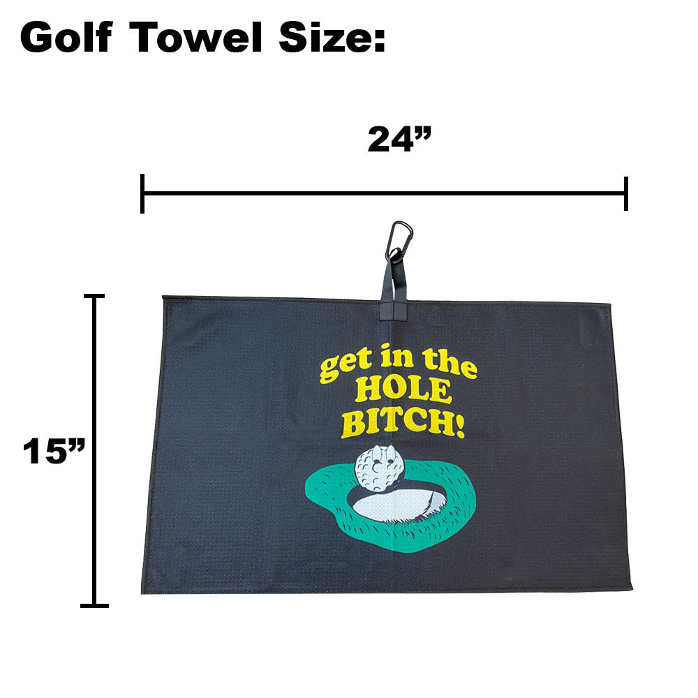 black funny golf towel on white background with dimensions