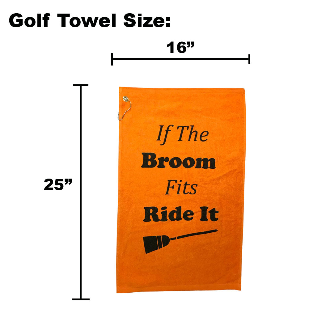 Orange golf towel with humorous text and measurement details on a white background